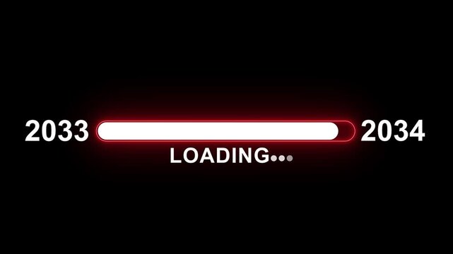 Futuristic digital loading bar progress indicator transitioning from year 2033 to 2034 with glowing red neon effects and smooth animation for tech presentations, software updates, and new year