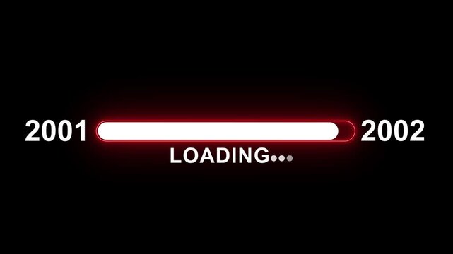 Dynamic digital progress bar animation transitioning between years 2001 and 2002 with glowing red neon loading indicator for retro technology, software development, and historical timeline data