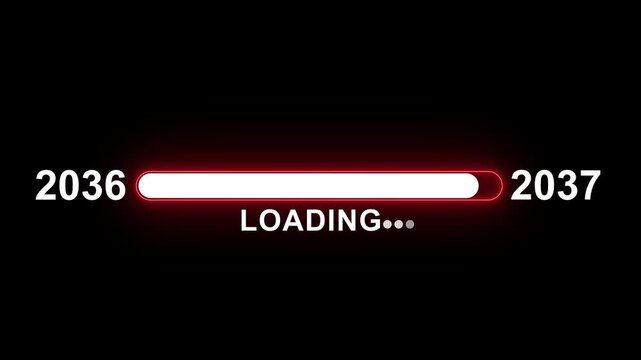 Futuristic digital loading progress bar animation featuring transitioning years 2036 to 2037 with glowing red neon and sleek minimalist interface for high-tech software and data processing
