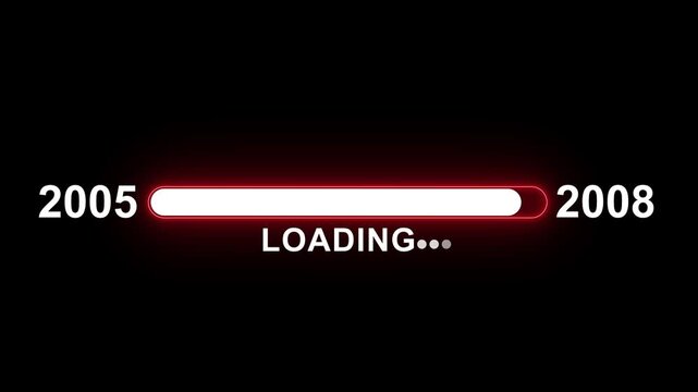 Dynamic digital loading bar animation featuring chronological year progression from 2005 to 2008 with glowing red progress indicator and minimalist typography for modern technology and software