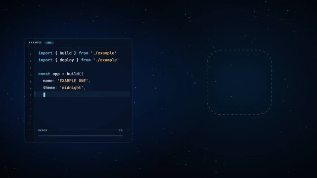 Code editor build process with script dissolving into particles forming a glowing app icon