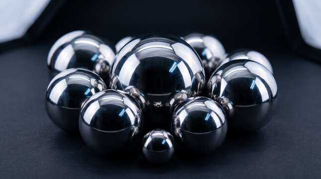 Polished chrome metal spheres arranged in a group on a dark black background