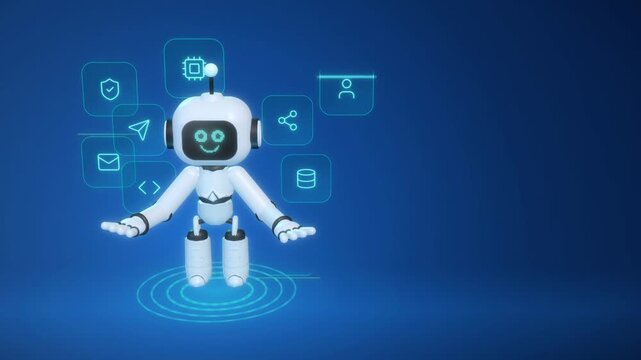 3D chatbot robot assistant floating above glowing ring surrounded by app service icons