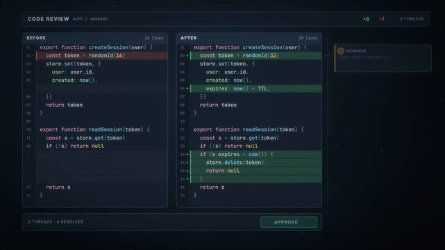 Side by side code review diff showing before and after panels with reviewer comments and approval