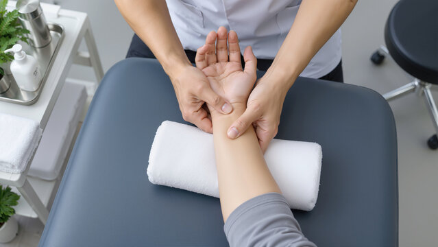 Physiotherapist Performing Hand and Wrist Massage Therapy for Rehabilitation and Carpal Tunnel Pain Relief in Clinic