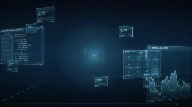 Flying through floating data dashboard screens toward a neural core AI inference panel