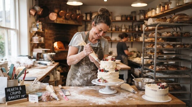 Artisan female baker decorating tiered cake with piping bag, rustic bakery interior with wood fire oven, professional pastry chef at work in kitchen