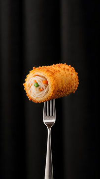 Close-up of a crispy traditional Indonesian spring roll (risol) filled with rice vermicelli and vegetables on a fork against a dark background