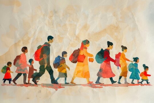Group of refugee walking illustrated recreation painting.