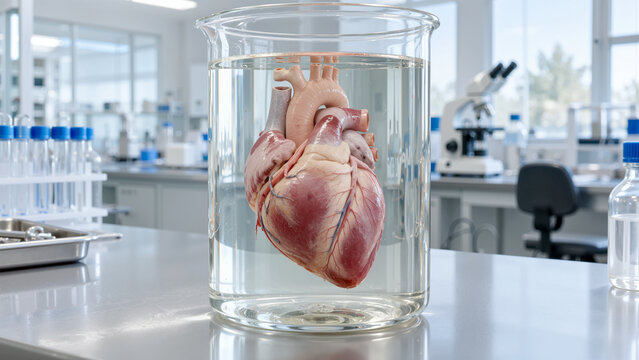 Preserved Anatomical Human Heart Specimen Floating in Formalin Glass Beaker in Modern Medical Research Laboratory Setting