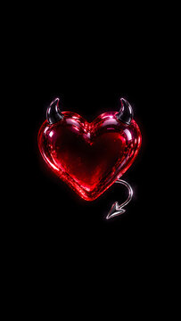 Dark red 3D heart with devil horns gothic romantic illustration