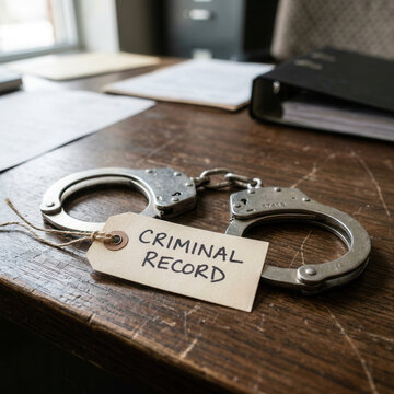 Criminal Record Label Attached To Handcuffs On A Desk With Documents