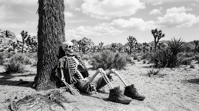 Desert Skeleton Resting Under Joshua Tree in Black And White