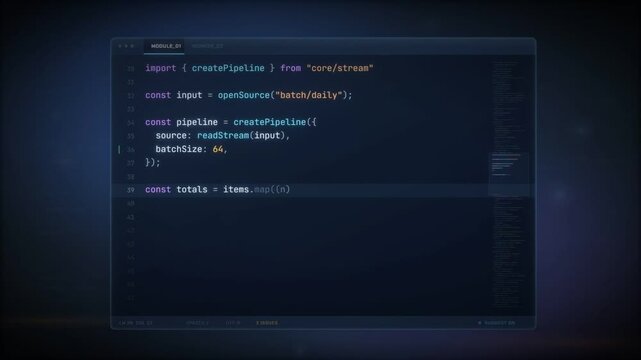 Dark code editor with script typing line by line and autocomplete suggestion popups