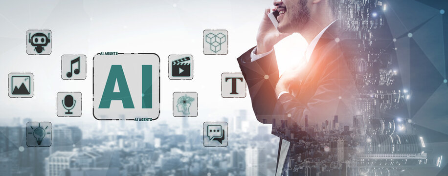 Businessman using smartphone in cityscape with AI icons depicting technology, innovation, and communication in modern digital environment Quark.