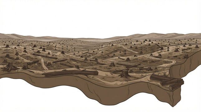 Wide deforestation area with logging paths and tree stumps vector illustration