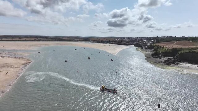 View of River Camel Estuary from a drone at low tide over Padstow and Rock, Cornwall, England, United Kingdom, Summer 2026
