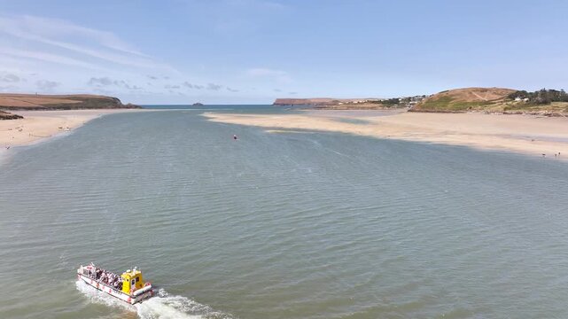 View of River Camel Estuary from a drone at low tide over Padstow and Rock, Cornwall, England, United Kingdom, Summer 2026