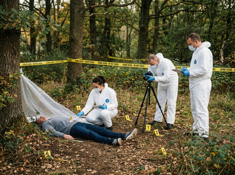 Crime Scene Investigation Team Examining Body In Forest Outdoor