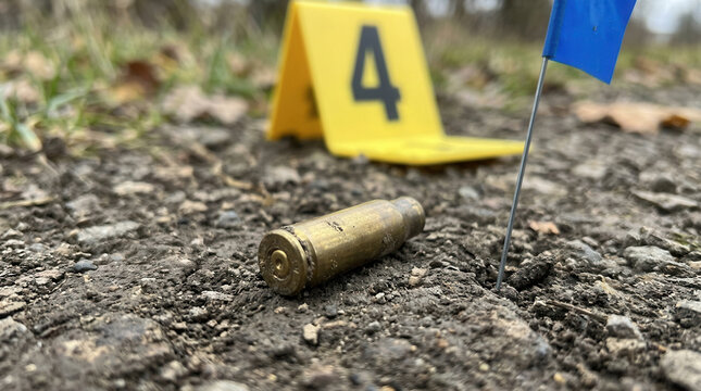 Crime Scene Evidence Bullet Casing Marked by Yellow Forensic Tent and Blue Flag