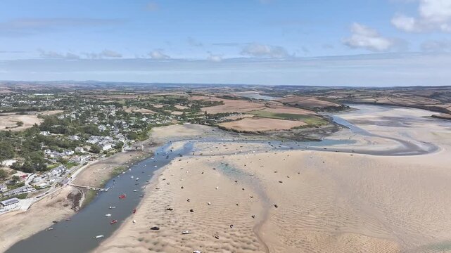 View of River Camel Estuary from a drone at low tide over Padstow and Rock, Cornwall, England, United Kingdom, Summer 2026