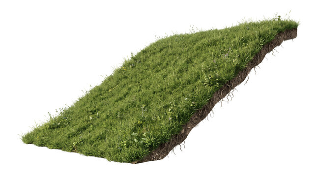 Sloping triangular green grass ramp embankment terrain segment covered in trimmed turf lawn. Modern architectural landscape berm topography element on pure white background template display.