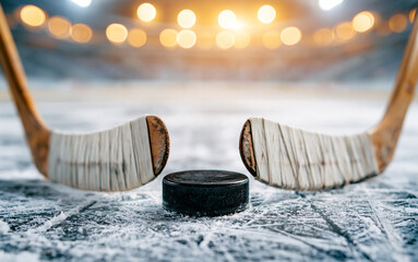Fototapeta premium Two hockey sticks and puck on ice rink in stadium