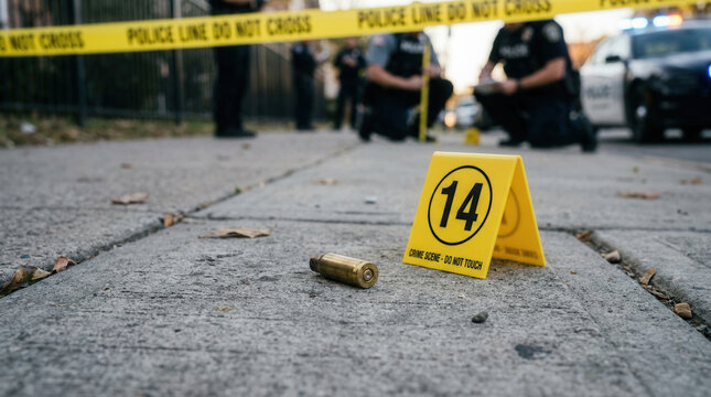 Crime Scene Investigation Evidence Markers Police Yellow Tape And Bullet Casing