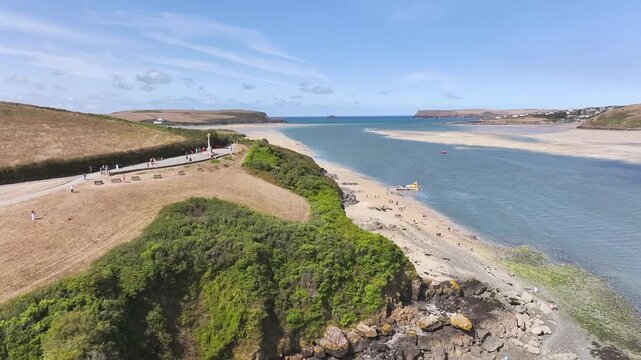 View of River Camel Estuary from a drone at low tide over Padstow and Rock, Cornwall, England, United Kingdom, Summer 2026