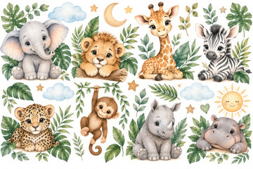 Fototapeta premium Cute Baby Safari Animals Watercolor Clipart Collection for Nursery