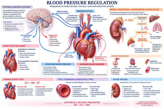 Blood Pressure Regulation by Nervous System Kidneys Hormones and RAAS Medical Infographic