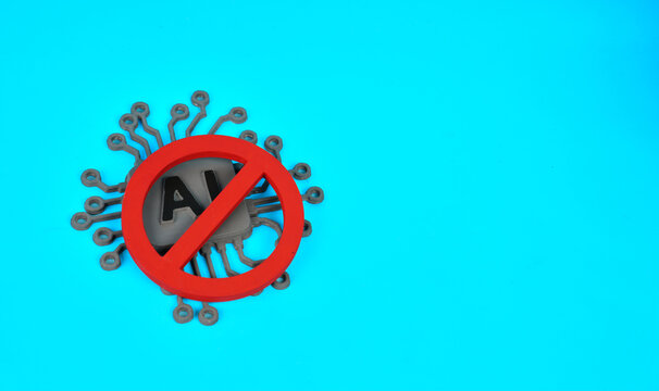 An AI chip covered by a prohibition symbol represents artificial intelligence restrictions and technology regulation.

