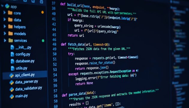 Abstract 3D rendering of computer programming source code on a dark interface, representing software development, cybersecurity, data processing, digital technology, and coding.