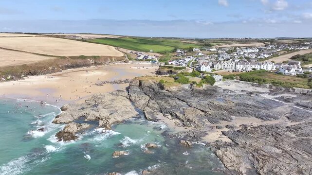 View of Trevone Beach and Trevone Bay from a drone, Trevone, Padstow, Cornwall, England, United Kingdom, Summer 2026