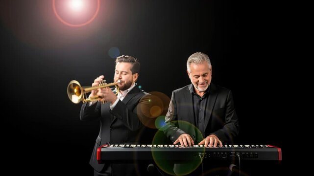 Musical Duet: Two accomplished musicians, a trumpeter and a keyboardist, create harmonious melodies under dramatic stage lighting, showcasing their passion for music.