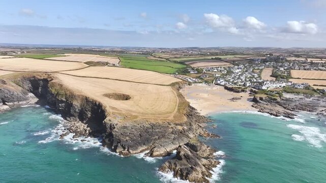 View of Trevone Round Hole over Trevone Bay from a drone, Trevone, Padstow, Cornwall, England, United Kingdom, Summer 2026