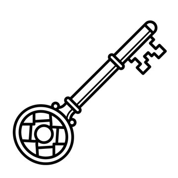 Ornate antique skeleton key illustration with intricate circular bow and simple shaft