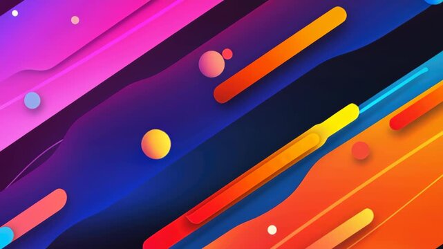 Vibrant Abstract Composition: A dynamic arrangement of fluid shapes, lines, and spheres in a rich palette of pink, purple, orange, and blue creates a visually stimulating abstract artwork.