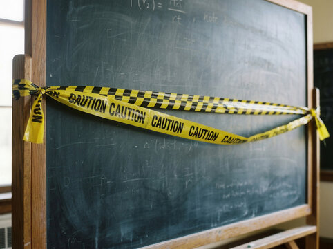 Caution Tape On Blackboard Classroom Scene Closed For Safety Reasons