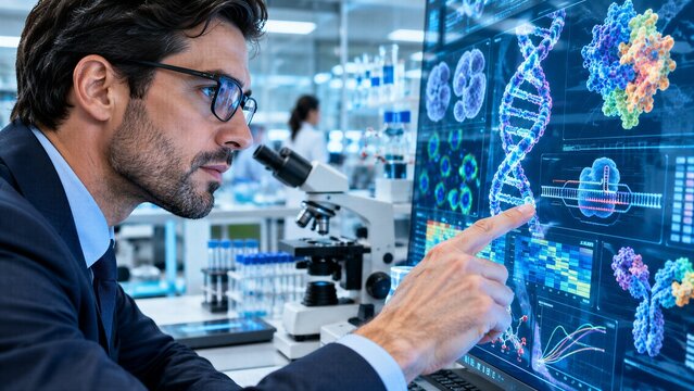 Businessman Pointing at a Digital Screen and Analyzing Biotechnology Innovation, Life Science Research Analytics, Genetic Engineering, and Biomedical Data Insights