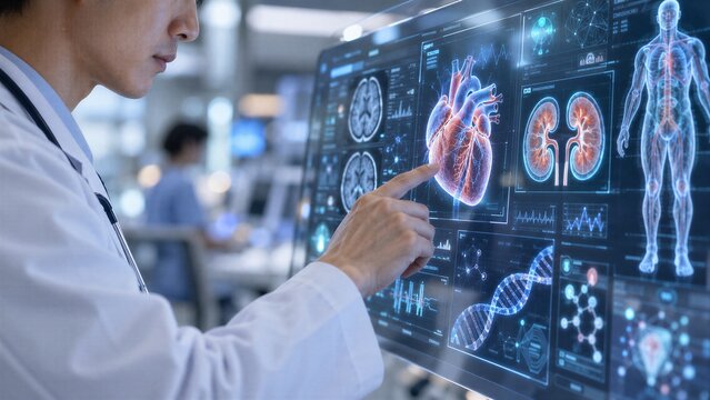Doctor utilizing advanced AI medical analytics for precision diagnostics, assessing organ scans, DNA data, and patient information in modern healthcare technology.