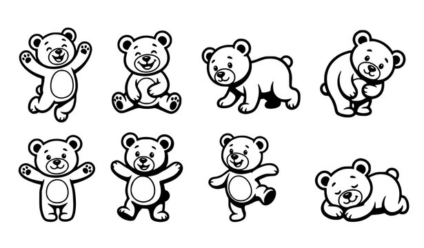 Cute teddy bear character set with jumping walking and sleeping poses black and white vector collection
