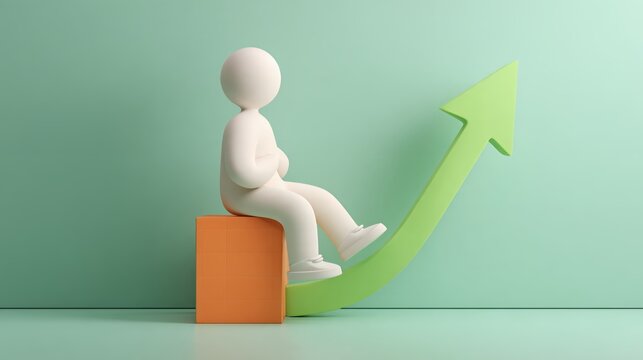 3D minimal white character sitting on an orange block observing a large green upward arrow symbolizing business growth and investment
