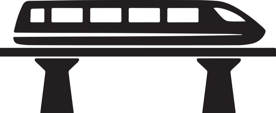 Modern monorail train traveling on an elevated track depicted as a clean black and white graphic silhouette