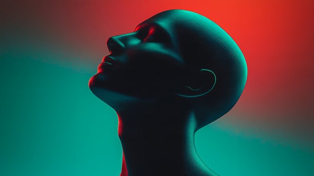 3D featureless smooth human mannequin head looking upwards illuminated by dramatic red and cyan lighting for futuristic AI concepts