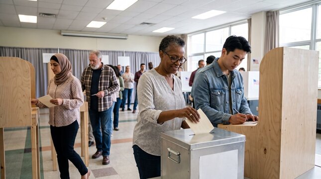 Diverse group of people casting votes in a polling station during election day