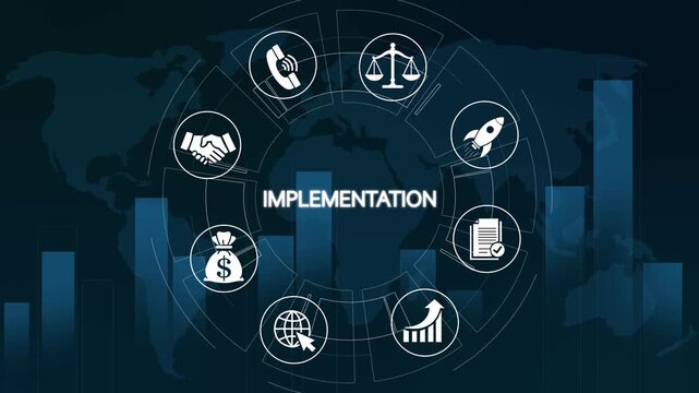 Business implementation strategy concept with digital icons, global network and financial growth charts