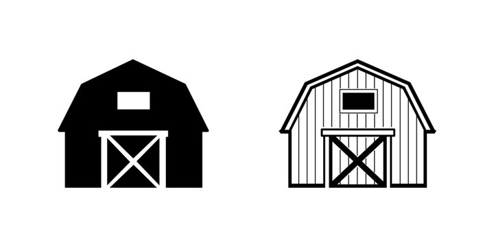 Black silhouette and outlined sketch of traditional wooden barns designed with bold clean lines and simple geometric shapes on transparent background