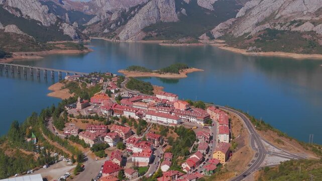 Summer rural tourism in the village of Ria&ntilde;o in Le&oacute;n, Spain. Aerial view of riano village in spain