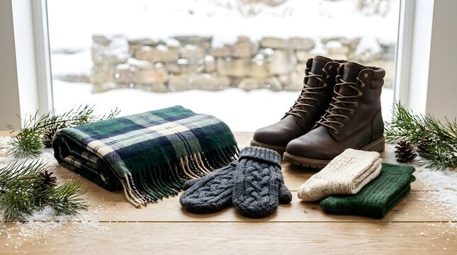Cozy winter accessories with leather boots plaid scarf knitted mittens and socks